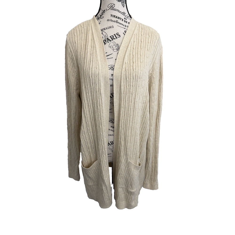 Kim Rogers Long Open Front Cardigan Sweater Large Ivory Ribbed Pockets